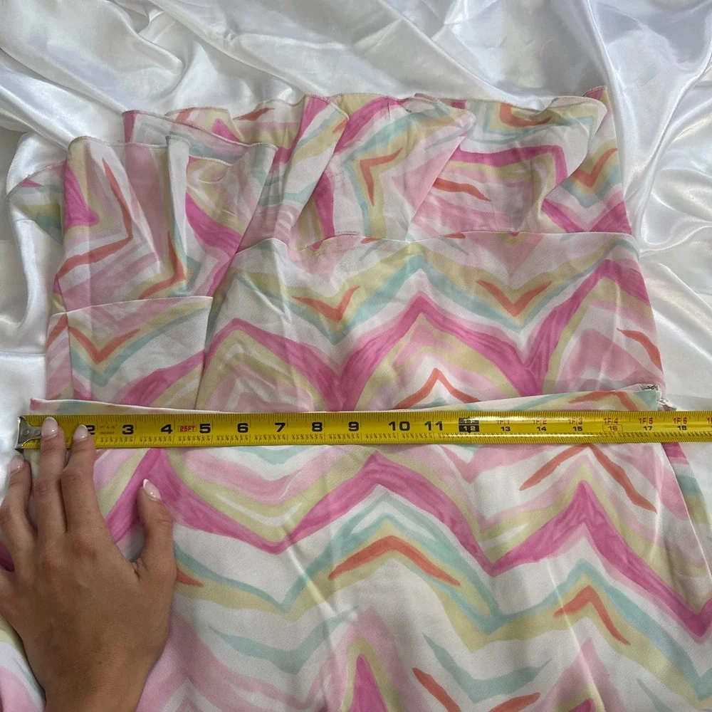 New York & Company Pastel Chevron Ruffle Hem Midi Skirt Pink Yellow Green 12 - Picture 4 of 5